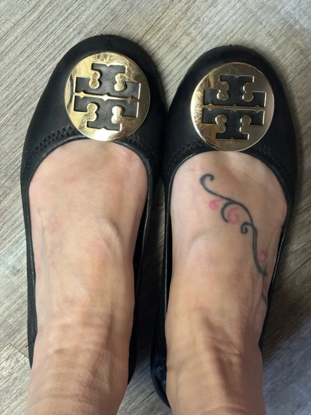Tory Burch Reva Black Leather Logo Ballet Flat with Gold Medallion